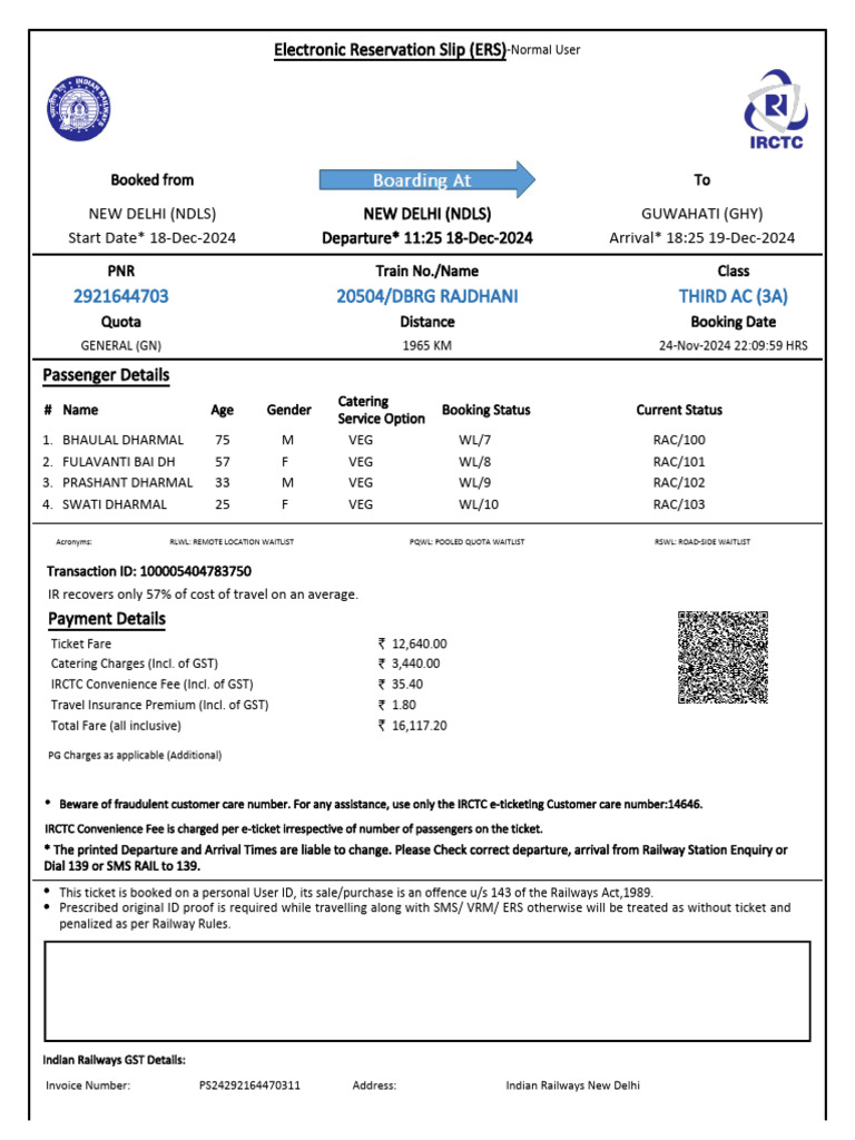 20504/Dbrg Rajdhani Third Ac (3A) | PDF | Identity Document