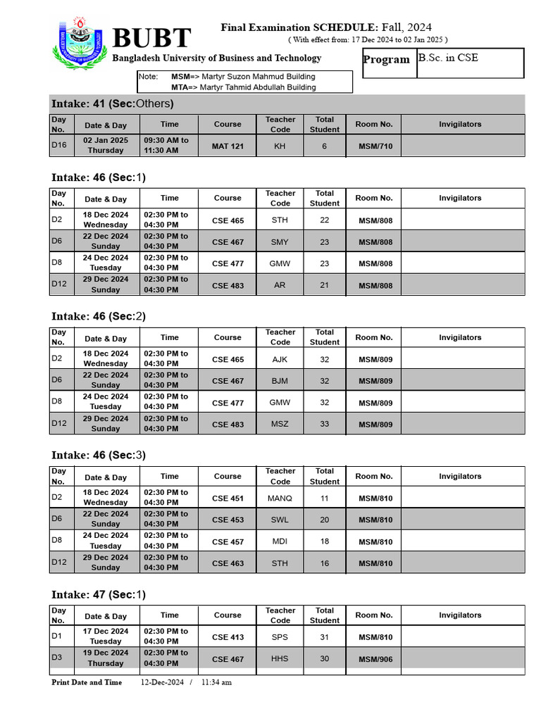 BUBT CSE Final Exam Schedule 2024 | PDF