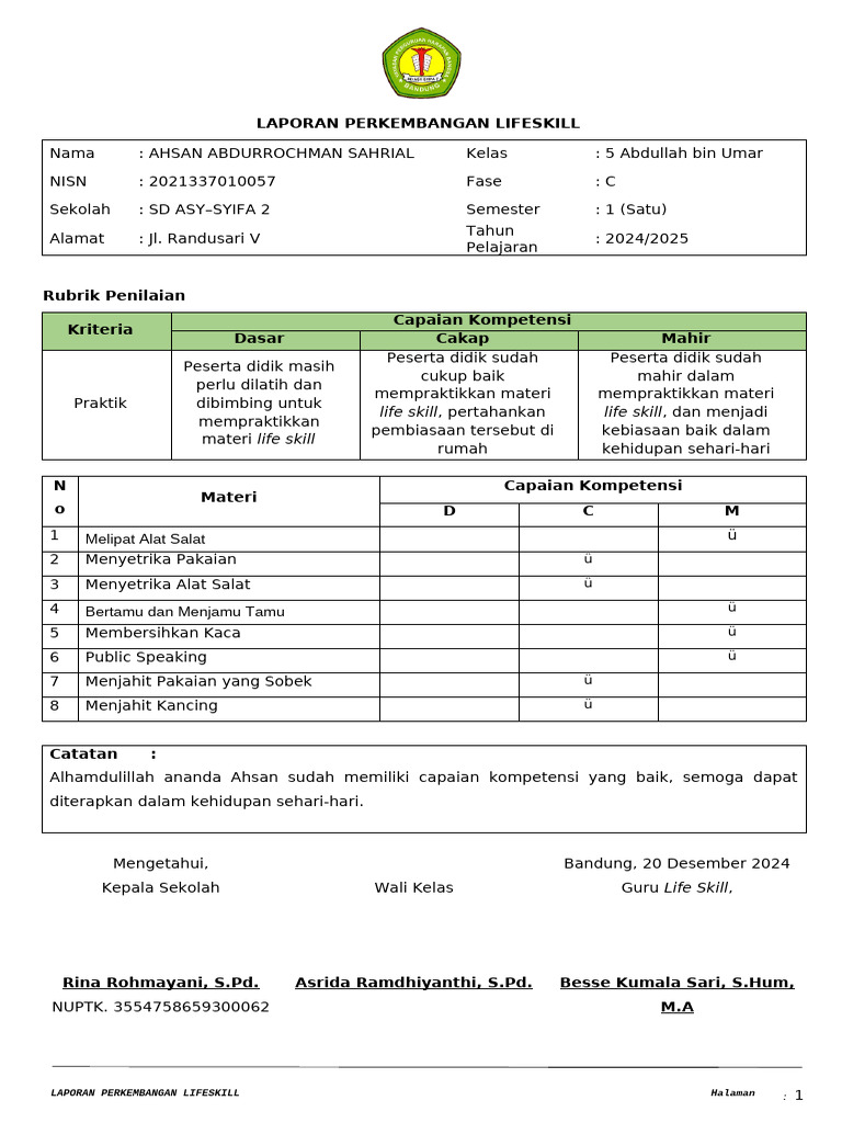 Laporan Perkembangan Life Skill SD | PDF