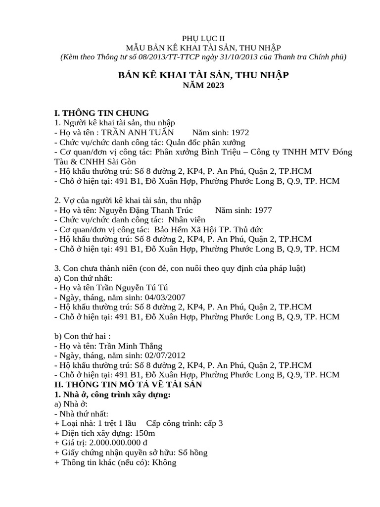 KE KHAI TAI SAN, THU NHAP tuấn 23 | PDF