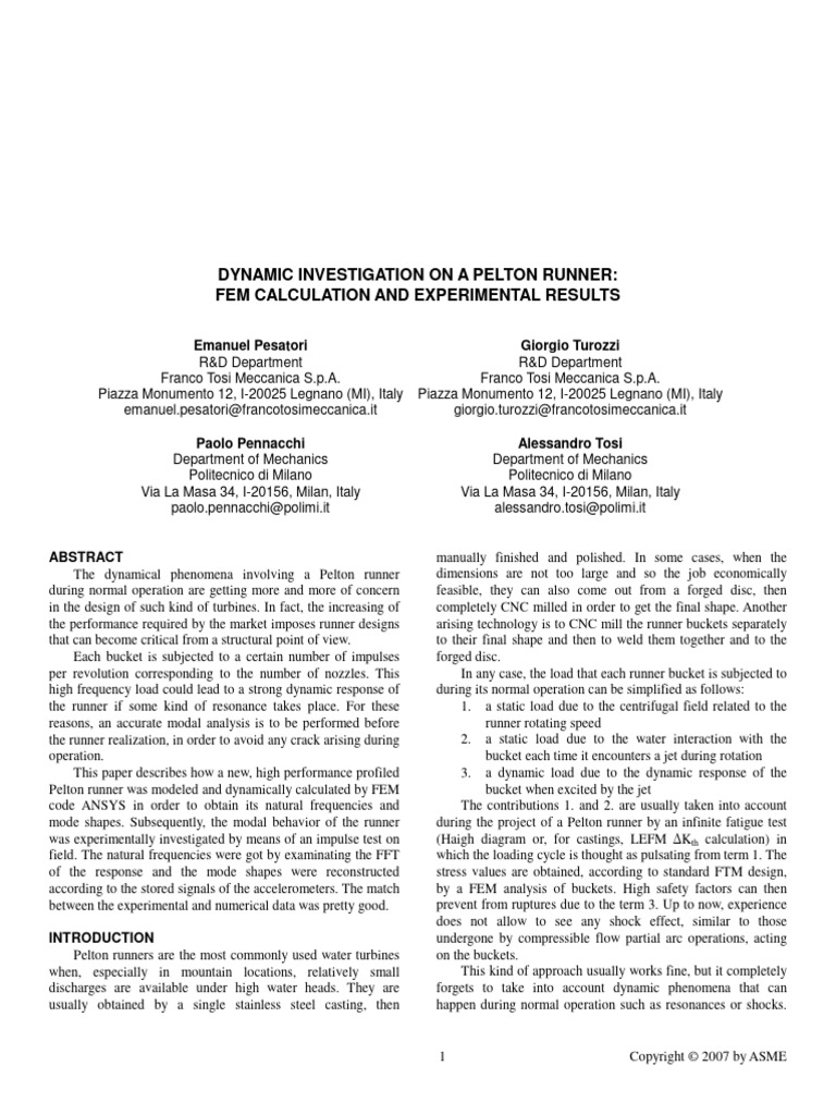 Dynamic Investigation On A Pelton Runner FEM Calculation and ...