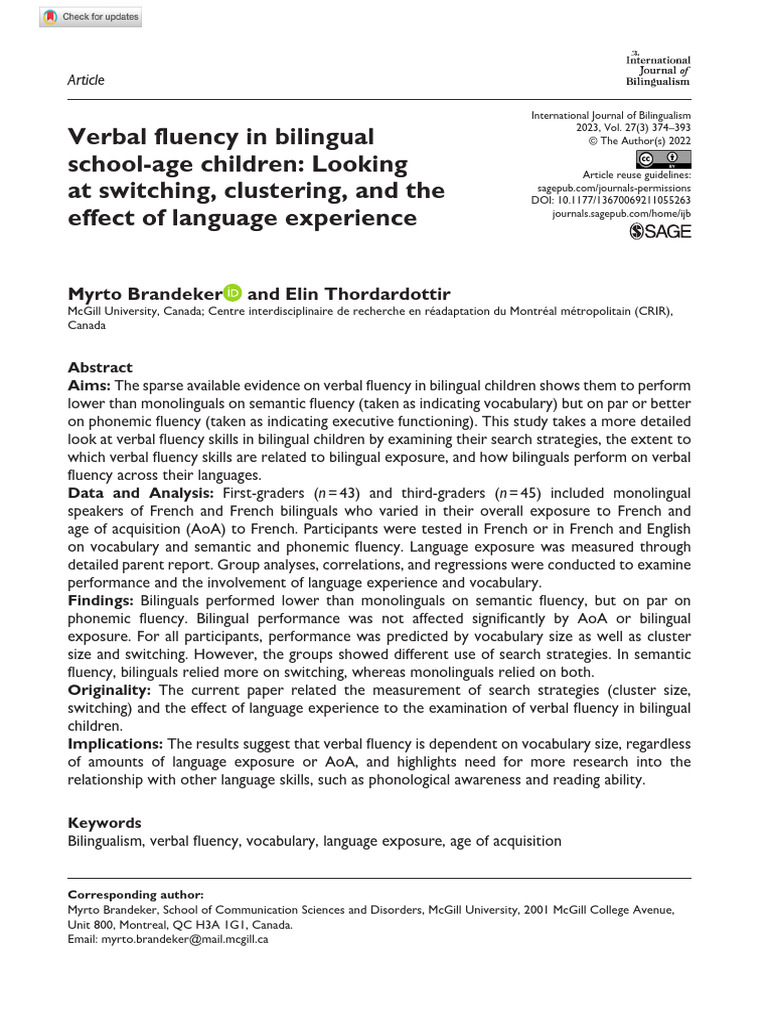 Verbal Fluency in Bilingual Children | PDF | Multilingualism | Linguistics