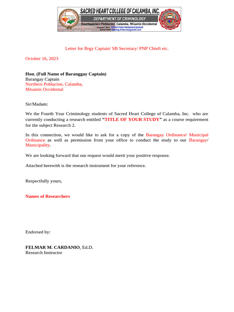 Request for Barangay Research Permit | PDF