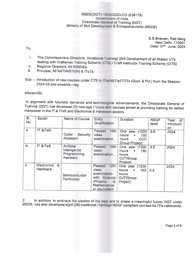 Introduction of New Iti Courses PDF