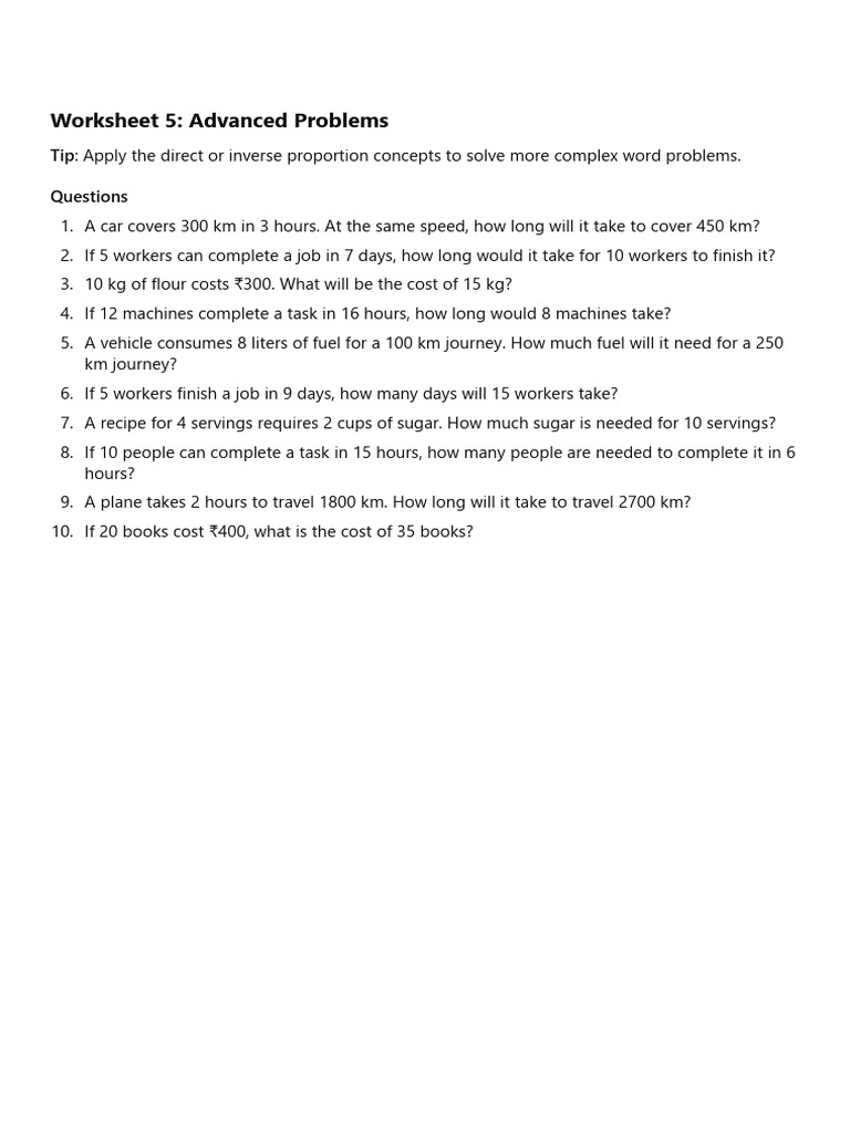 Direct and Inverse Proportions - WS - 5 | PDF