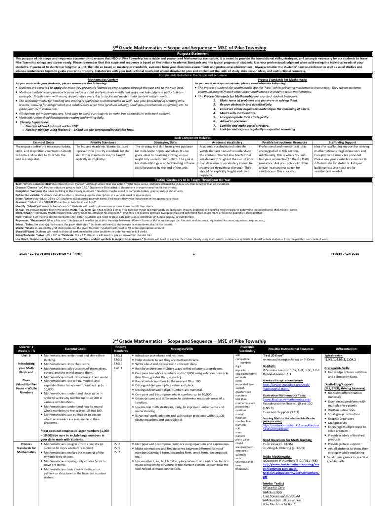 3rd Grade Math Scope and Sequence 2020-21 | PDF | Mathematics | Numbers