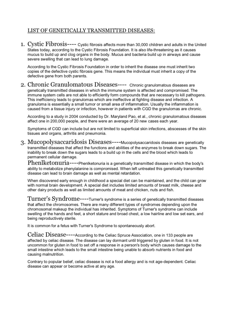 List of Genetically Transmitted Diseases | PDF | Coeliac Disease ...