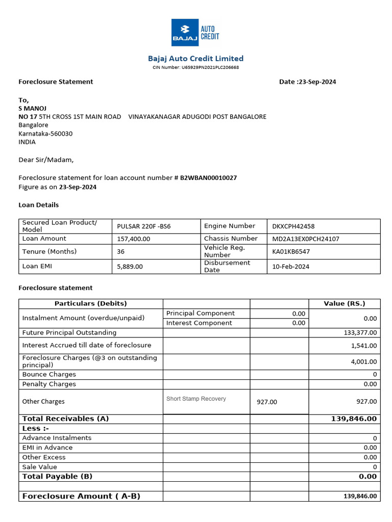 Bajaj Auto Loan Foreclosure Statement | PDF | Foreclosure | Cheque