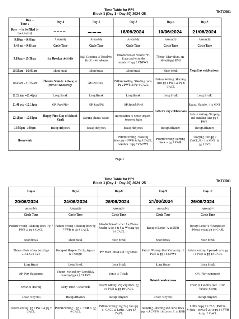 PP1 Timetable 2024-25 Overview | PDF