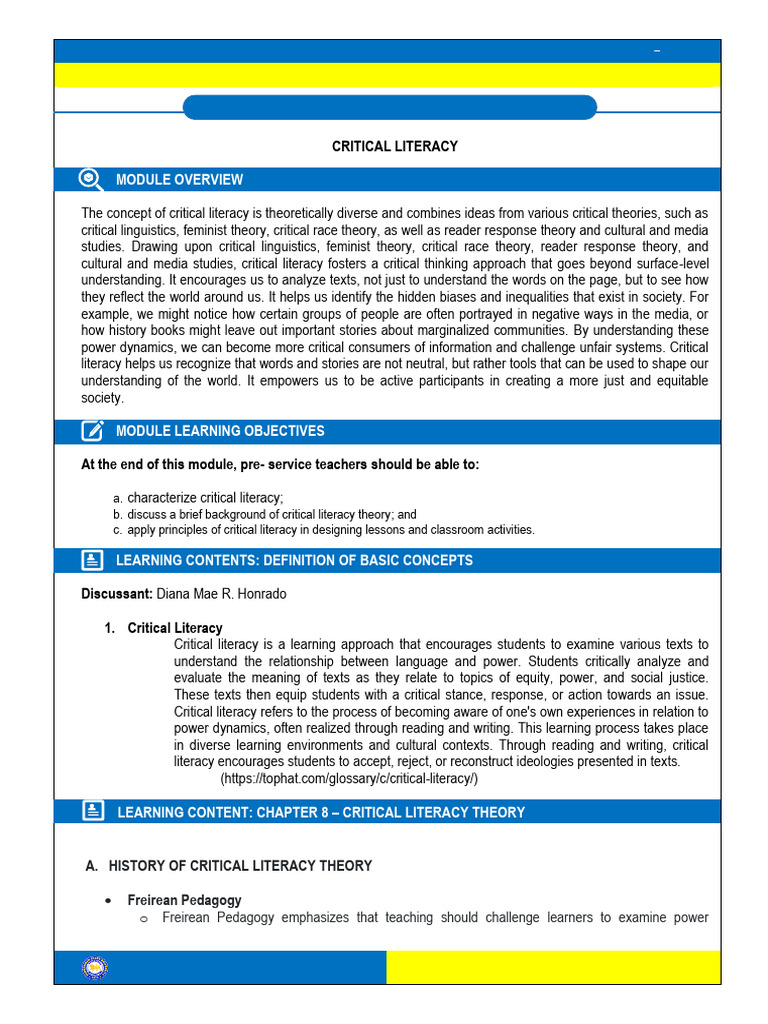 Critical Literacy Theory Study Guide | PDF | Literacy | Cognition