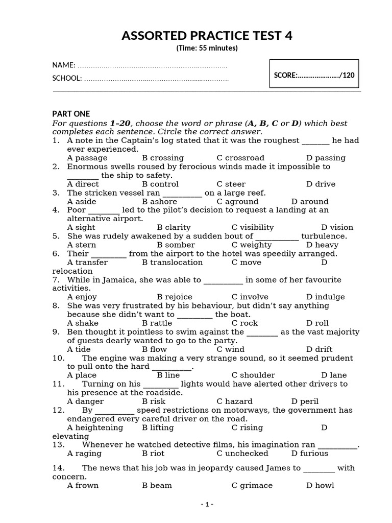 Assorted Practice Test 4: Vocabulary & Grammar | PDF | Extraversion And ...