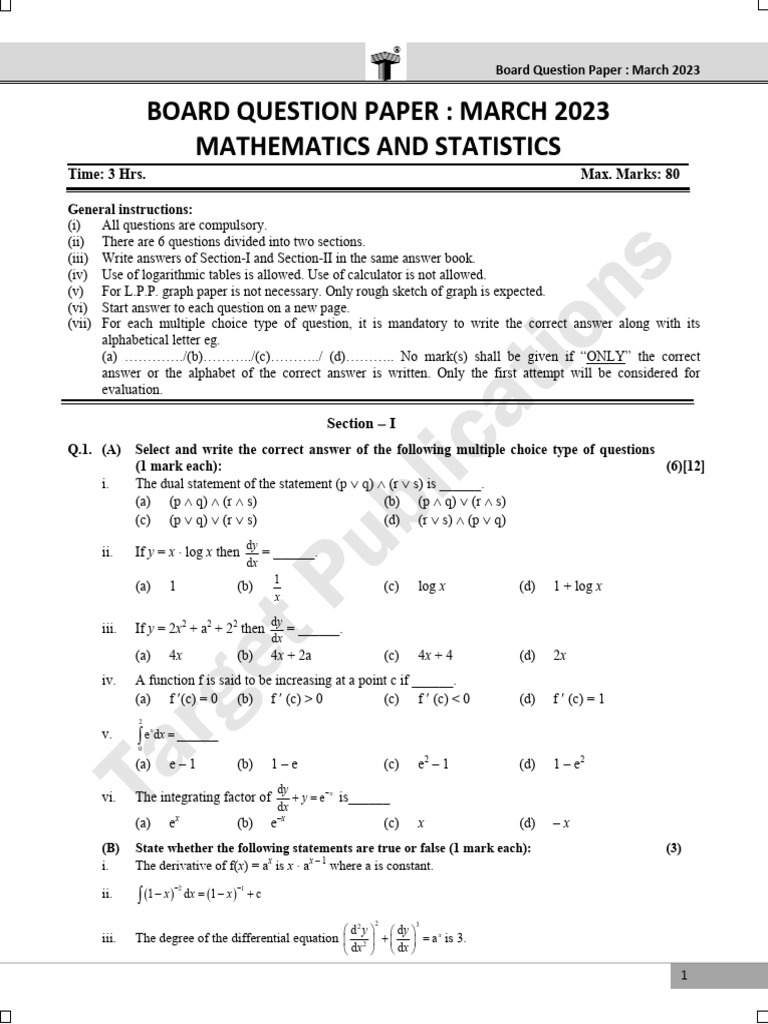 March 2023 Mathematics & Statistics Paper | PDF | Tangent | Mathematics