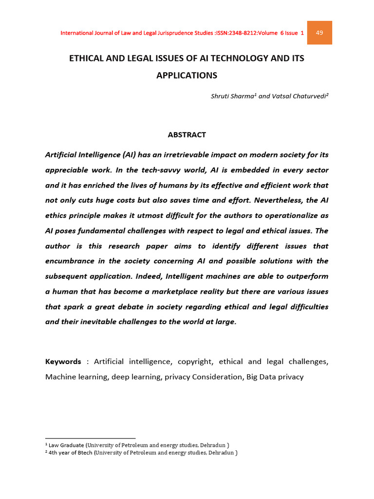 Artificial Intelligence Ethical and Legal Issues and Its Application ...
