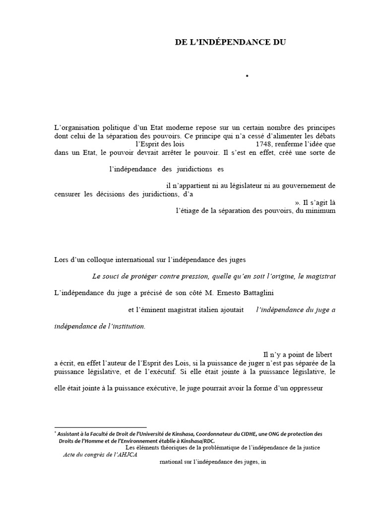 Indépendance du pouvoir judiciaire en RDC et Congo | PDF | Loi | Magistrat