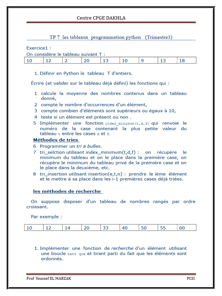 Tableaux et algorithmes en Python | PDF