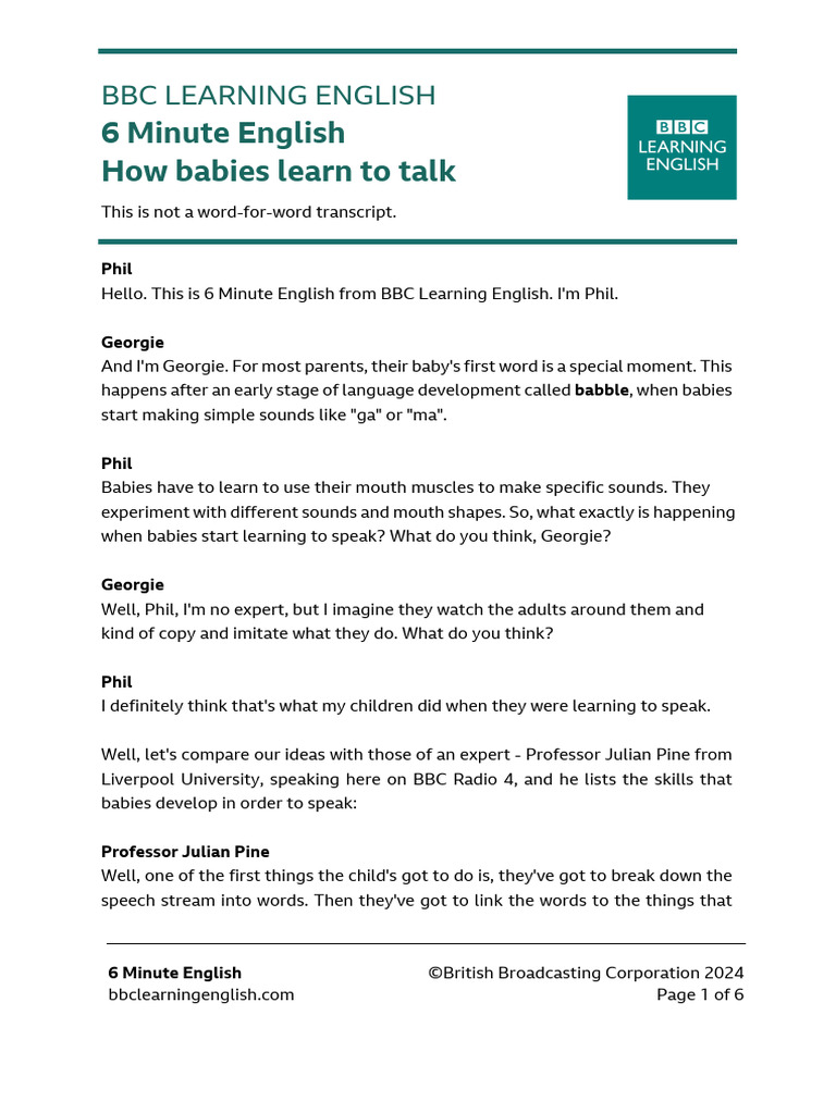 6 minute english how babies learn to talk pdf english language
