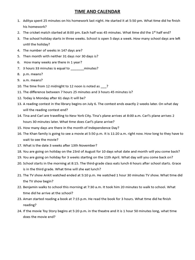 Time and Calendar Exercises for Students | PDF