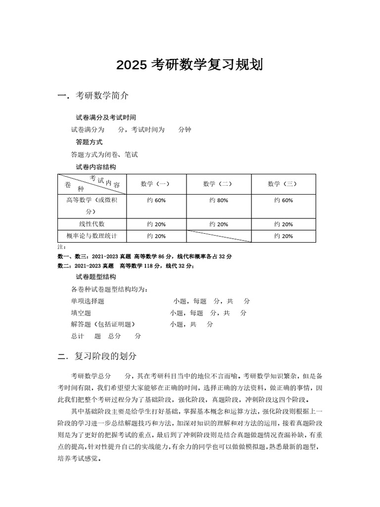 25考研数学复习规划 | PDF