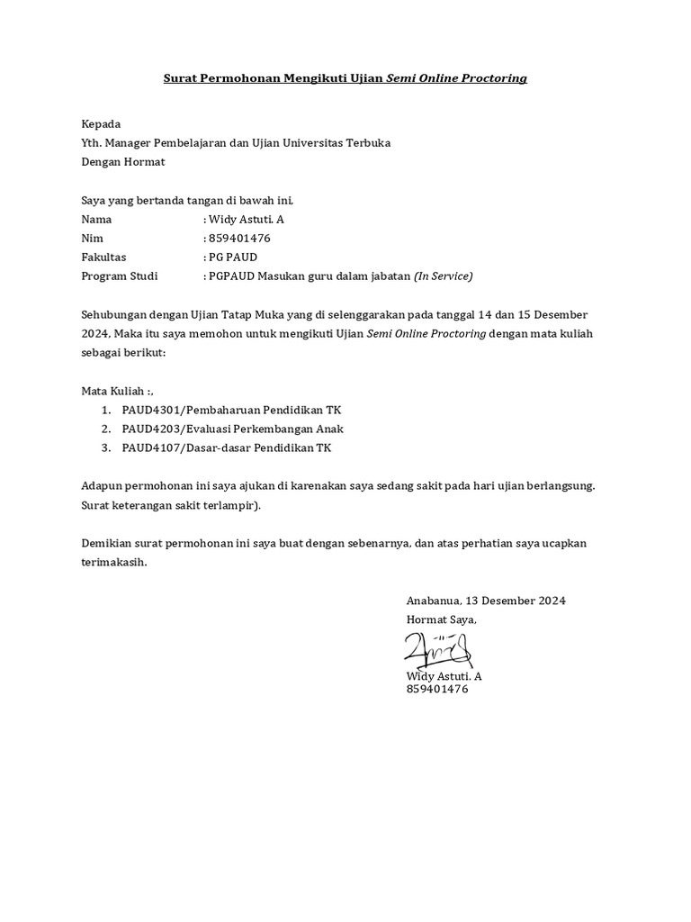 Surat Permohonan Mengikuti Ujian Semi Online Proctoring PDF