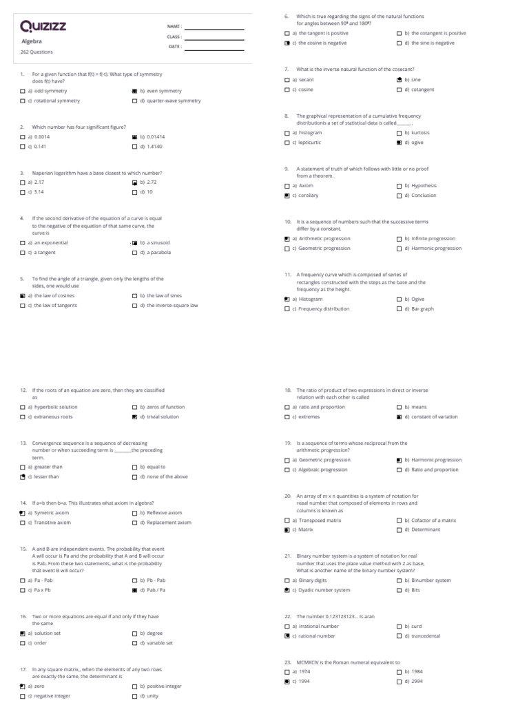 Algebra Quiz: 262 Questions | PDF | Numbers | Equations