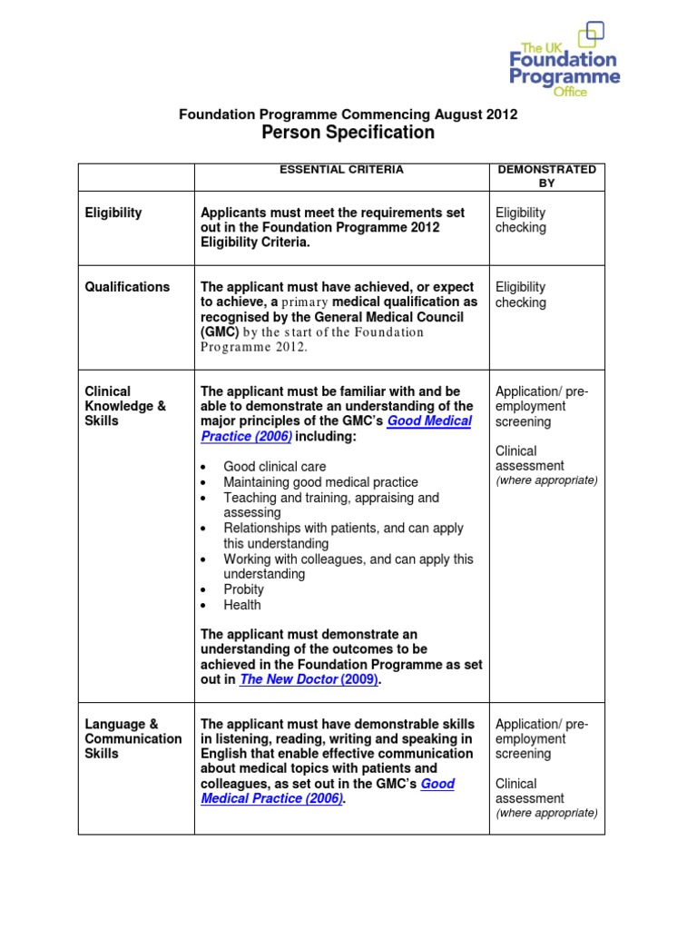 Foundation Programme 2012 Person Specification | PDF | Screening ...