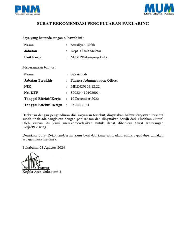 Rekomendasi Surat Paklaring Siti Adilah | PDF