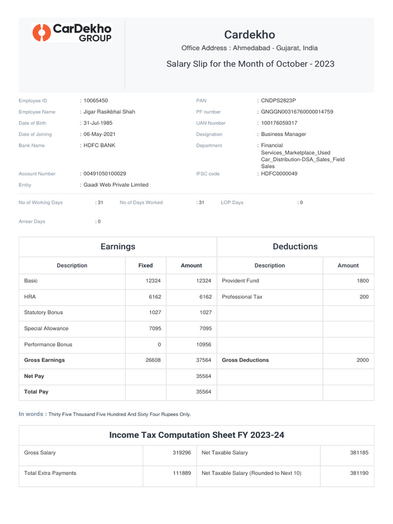 October 2023 Salary Slip for Jigar Shah | PDF | Salary | Tax Deduction