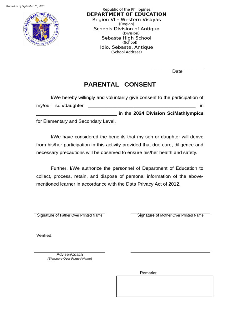 Parental Consent for SciMathlympics 2024 | PDF