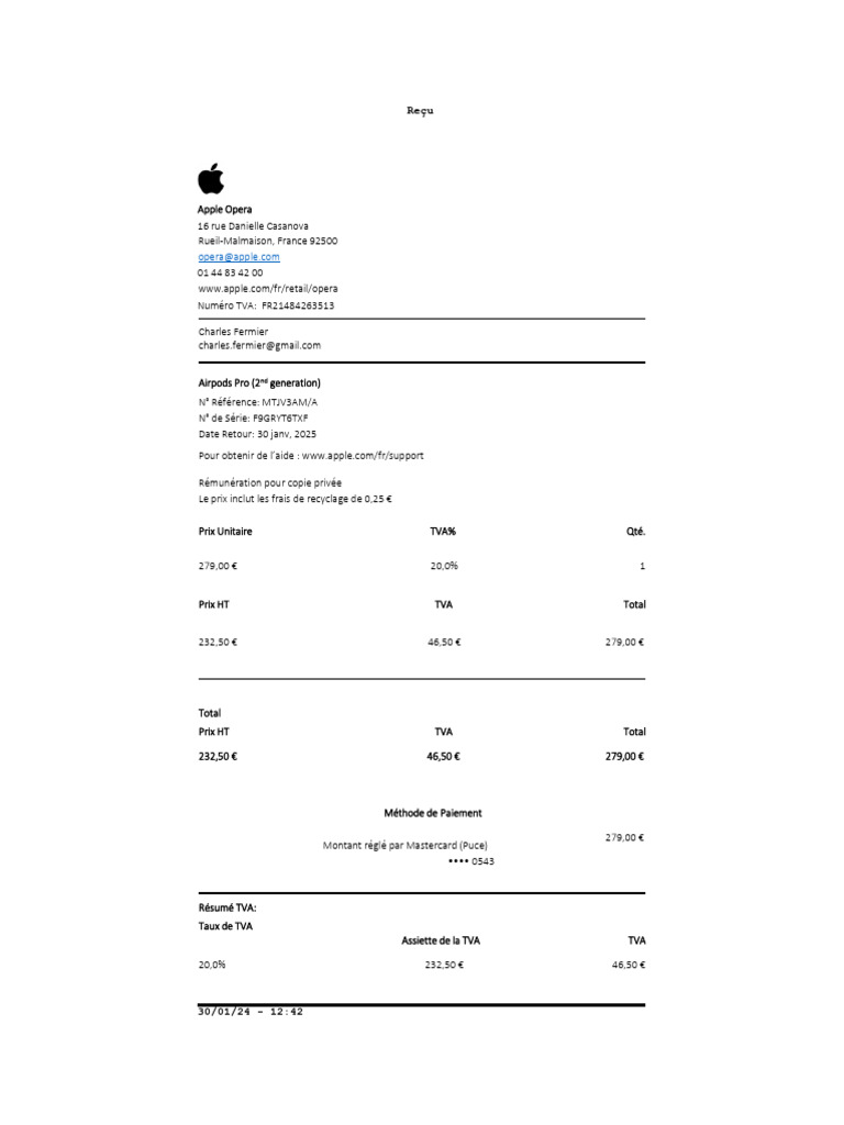 Facture Airpods Pro 2 - Apple | PDF