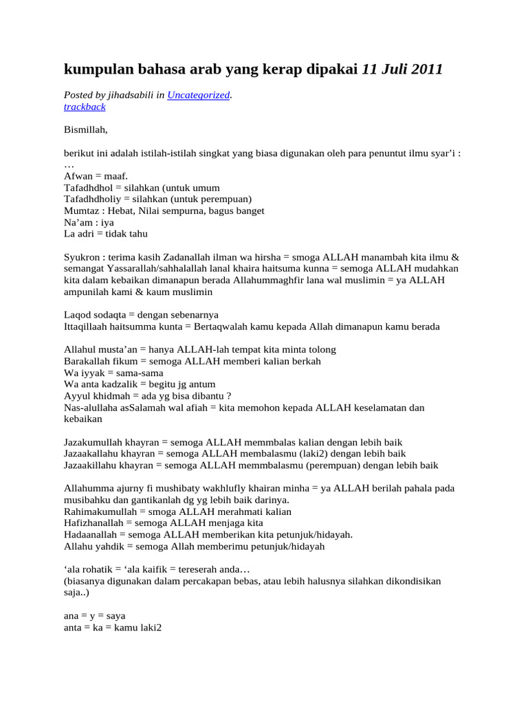 Kumpulan Bahasa Arab Yang Kerap | PDF