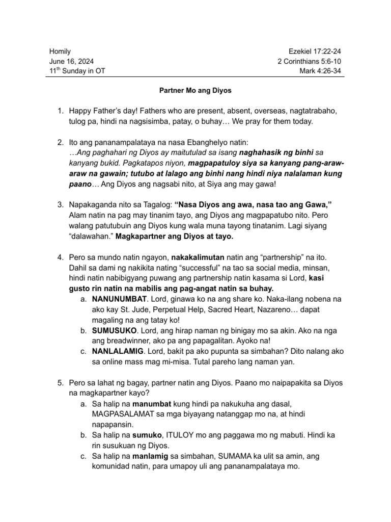 Homily For 2024 June 16 - 11th Sun in OT, Year B | PDF