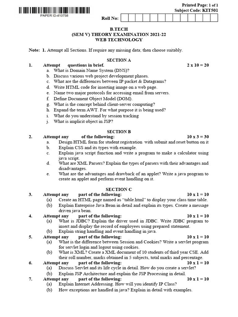 B.Tech Web Technology Exam | PDF | World Wide Web | Internet & Web