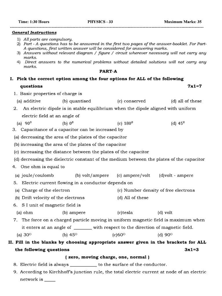 II Pu Unit Test -1 Physcis Model Qp | PDF