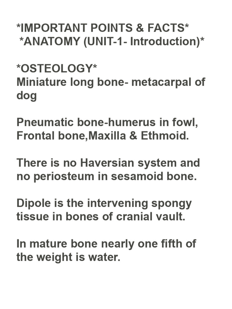 Imp Points and Facts (Unit 1 Anatomy) | PDF | Bone | Heart