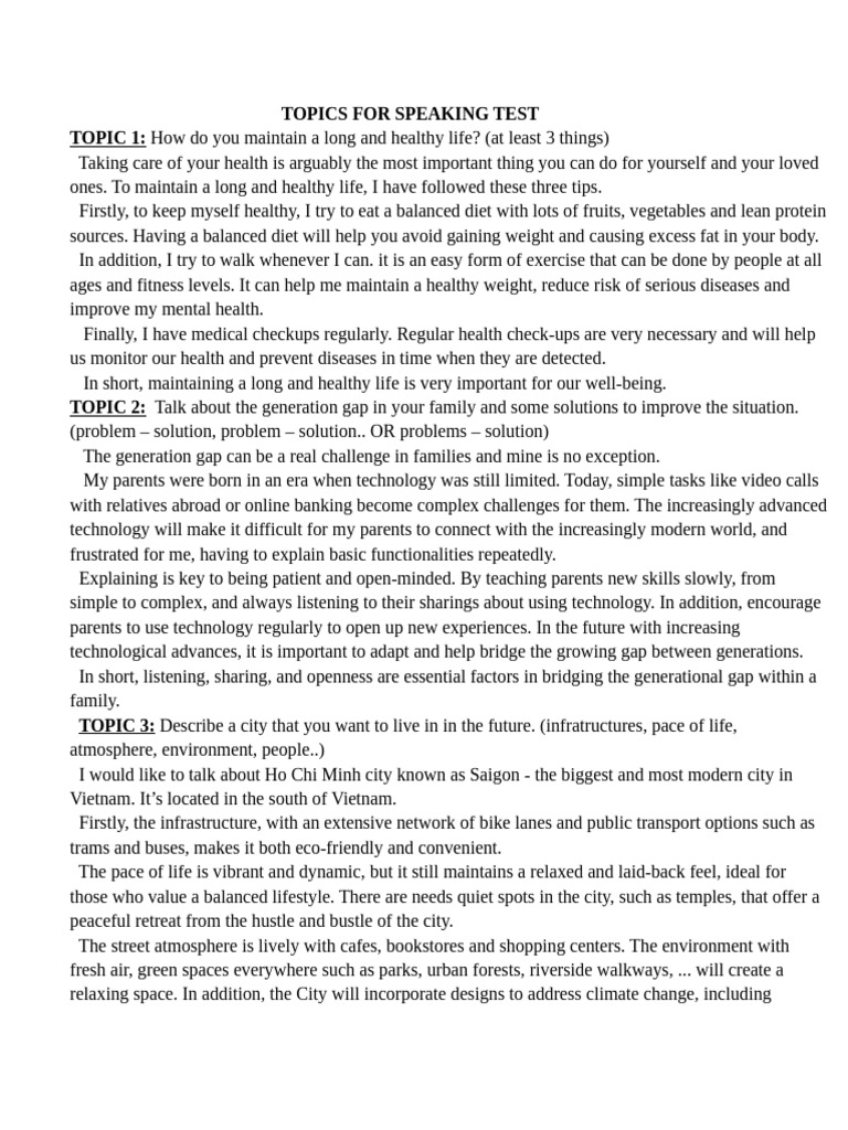 Speaking Test Topics Overview | PDF | Climate Change | Physical Geography