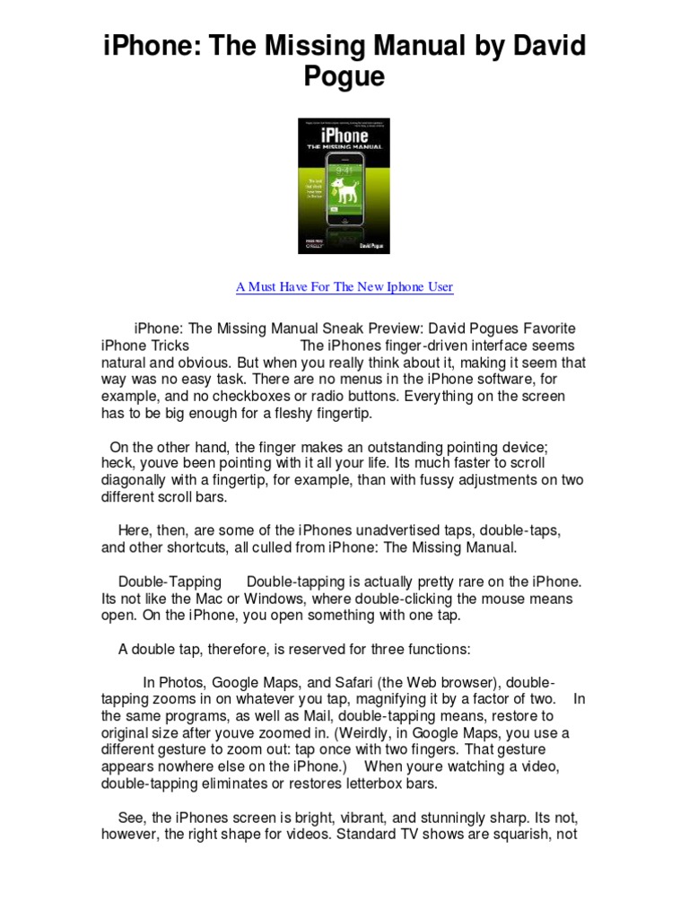 iPhone the Missing Manual by David Pogue - iPhone Manual | I Phone |  Television