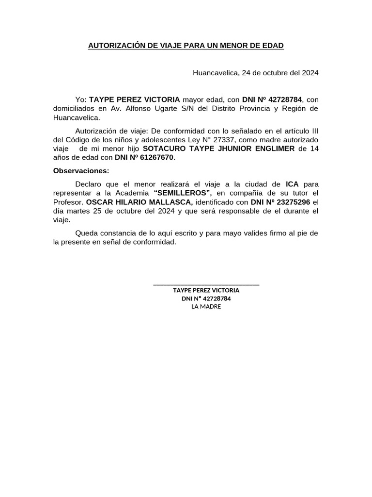 Autorización de Viaje Para Un Menor de Edad | PDF