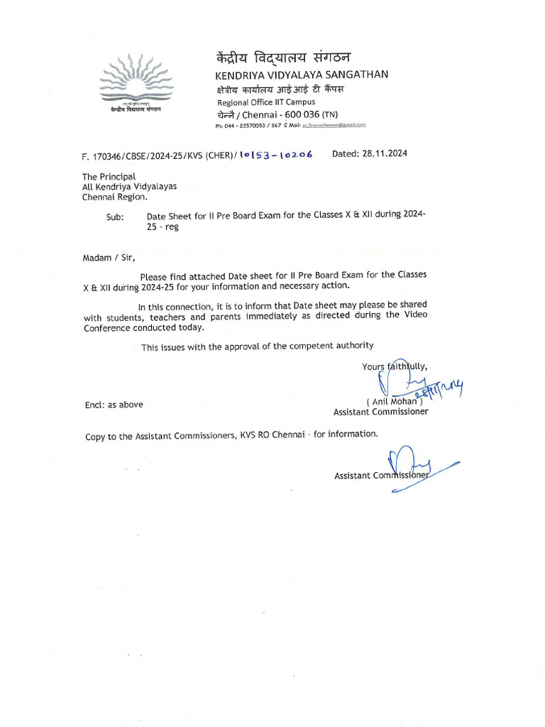 Date Sheet For IInd Pre Board Exam For The Classes X & XII During 2024 ...