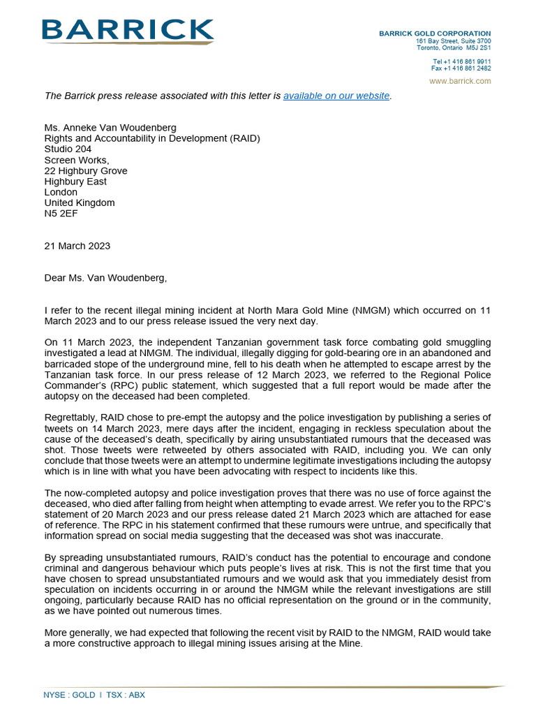 Barrick Gold Response to RAID's Claims | PDF