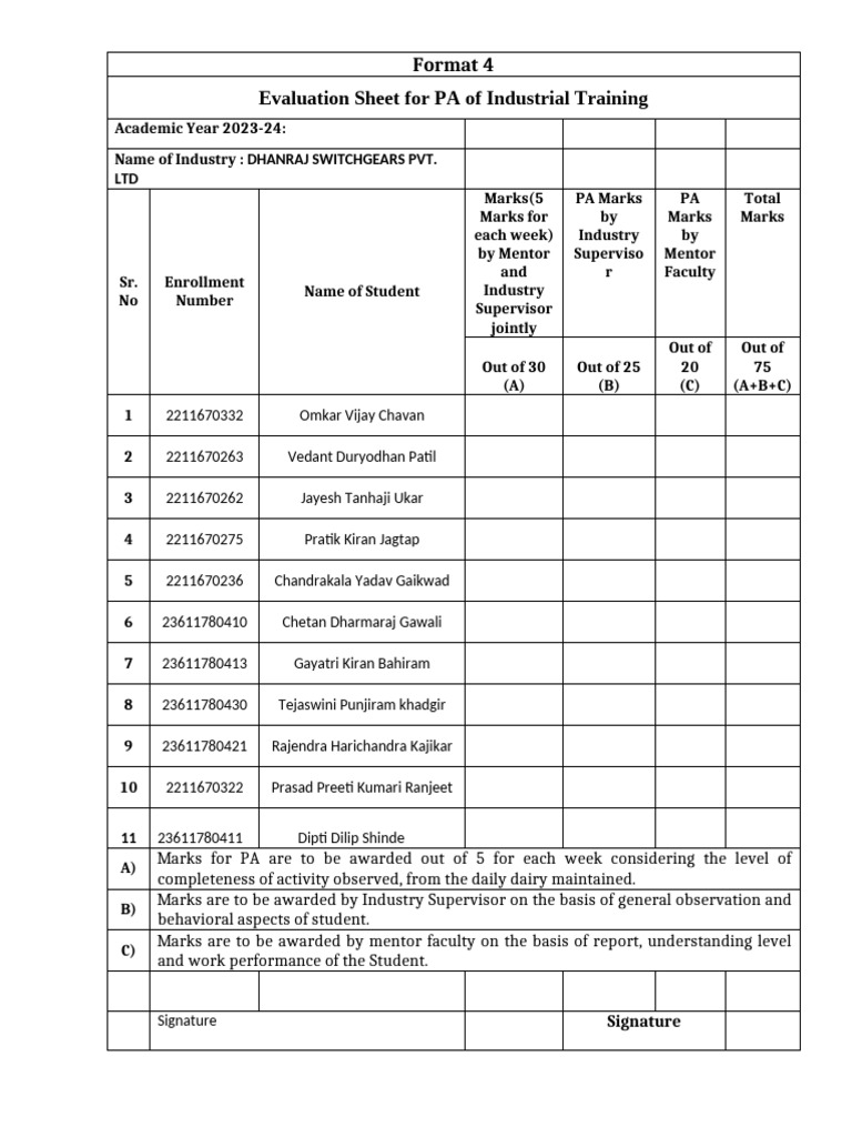 Industrial Training Evaluation Sheet 2023-24 | PDF | Applied Psychology ...