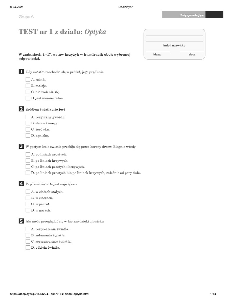 TEST NR 1 Z Działu - Optyka - PDF | PDF