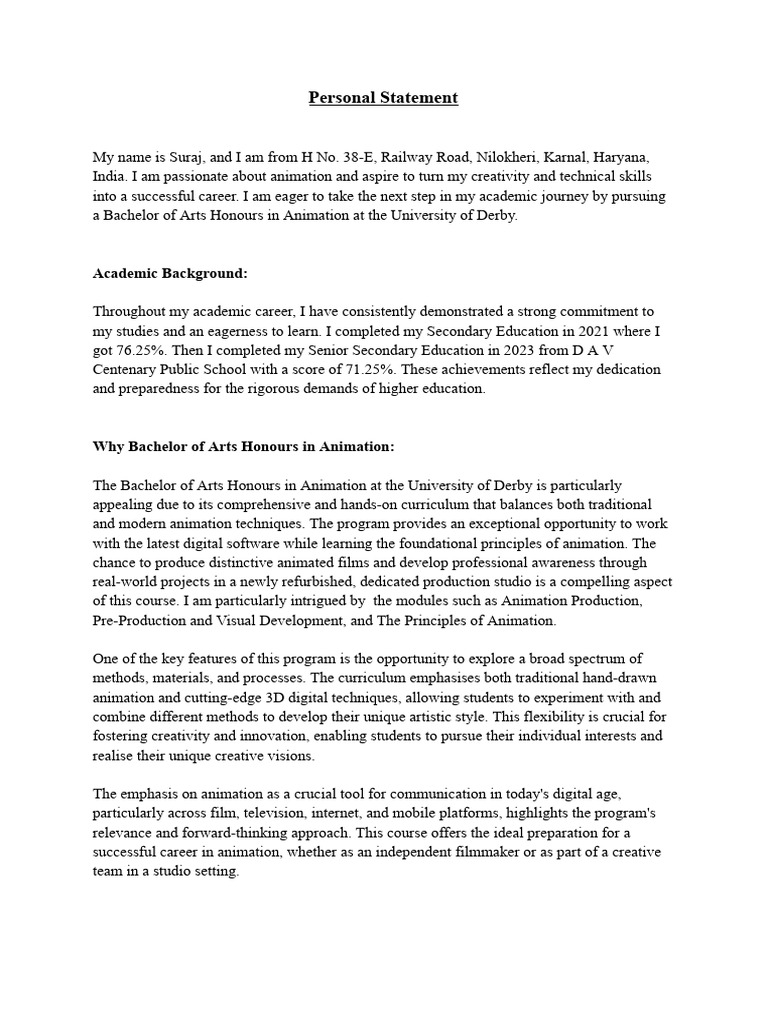 Animation Personal Statement for Derby | PDF | University | Learning