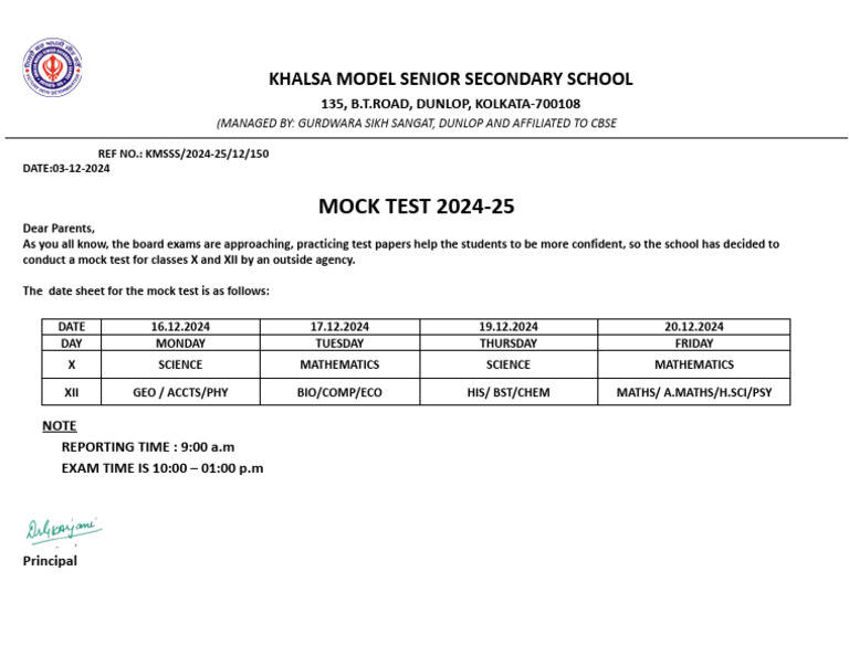 Khalsa School Mock Test Schedule 2024 | PDF