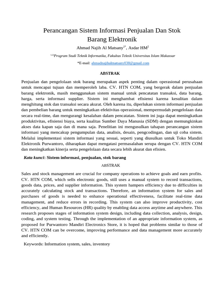 Jurnal Sistem Informasi Penjualan Dan Stok Barang Elektronik Pdf