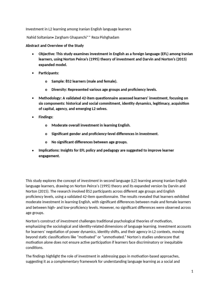 Investment in EFL Among Iranian Learners | PDF | Identity (Social ...