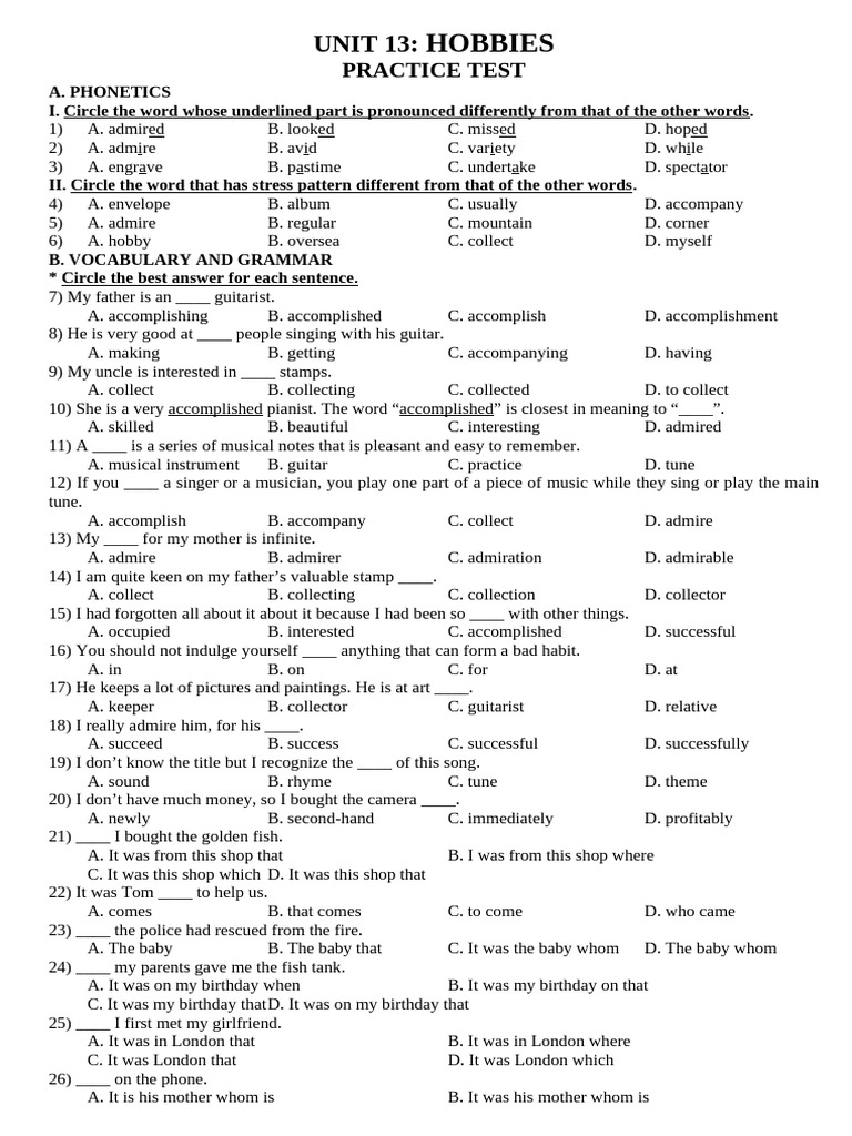 Hobbies Practice Test: Phonetics & Grammar | PDF | Hobbies | Astronauts