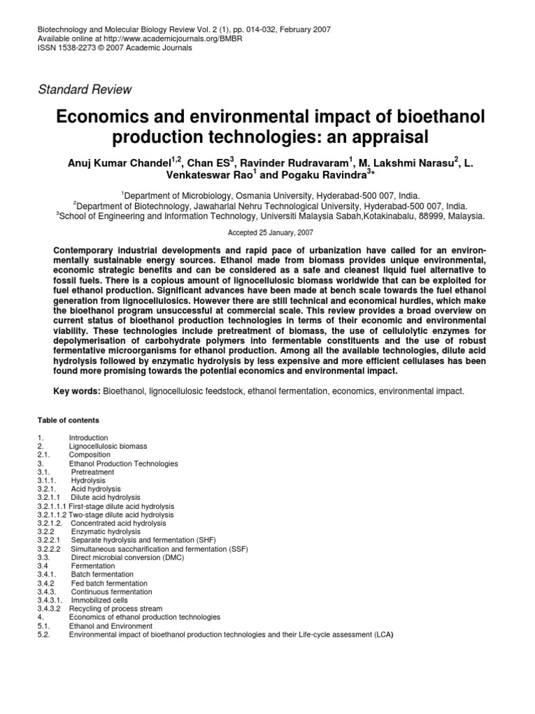 Economics of Bioethanol Production | PDF