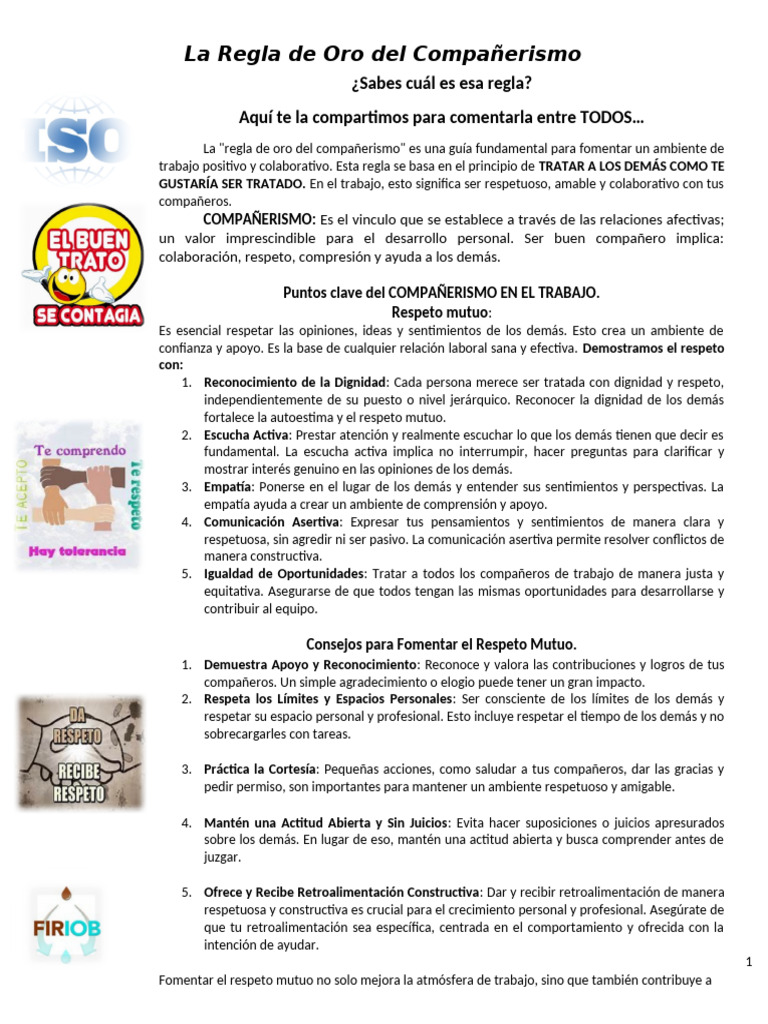 Regla de Oro para el Compañerismo Laboral | PDF | Empatía | Desarrollo ...