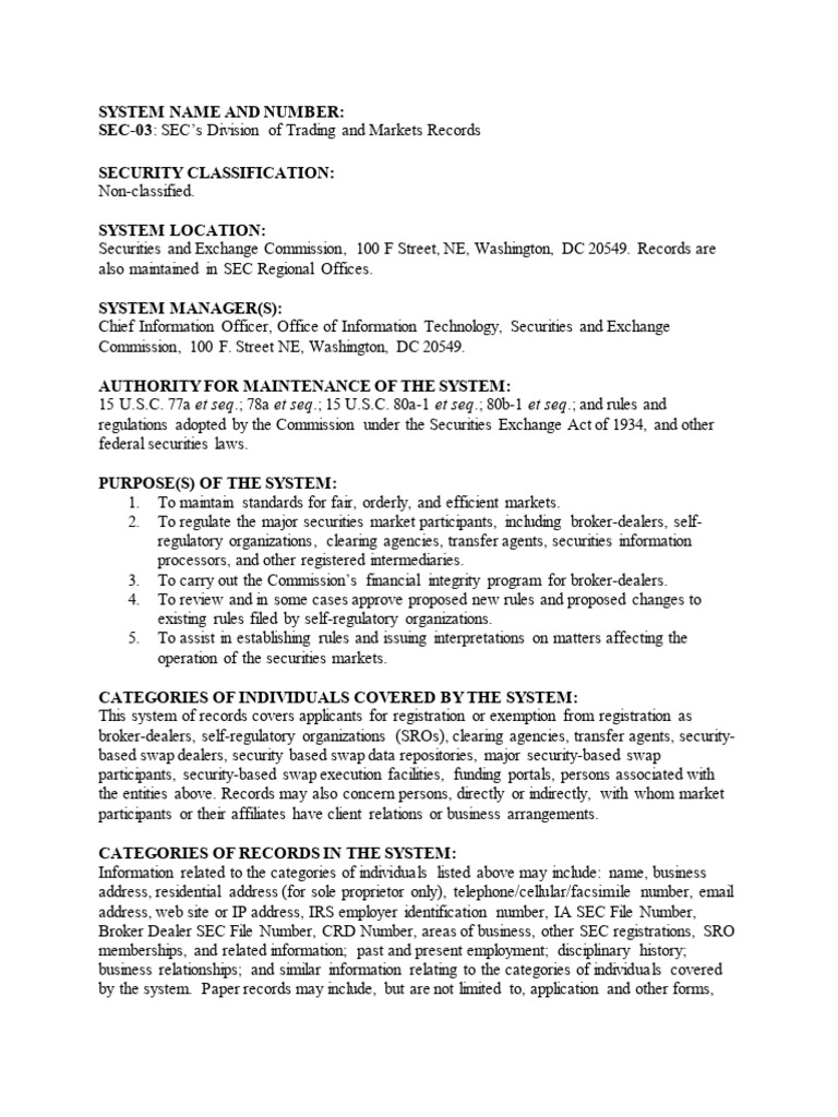 SEC Trading and Markets Records System | PDF | U.S. Securities And ...
