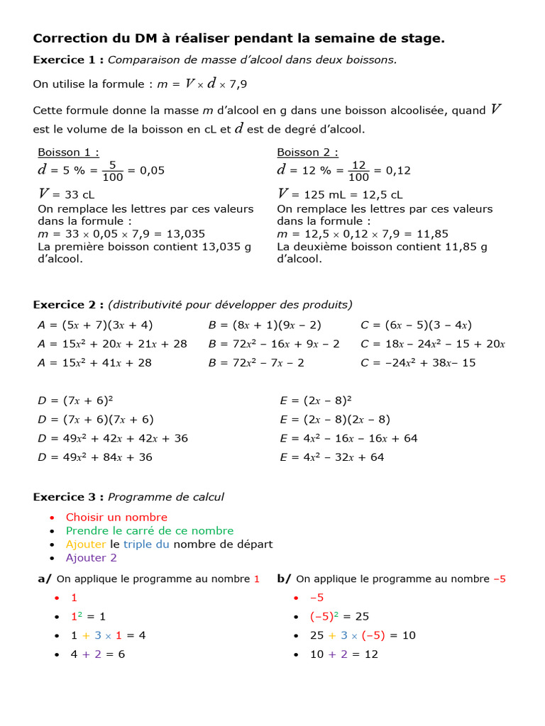 Correction DM Semaine de Stage | PDF | Géométrie | Alcool